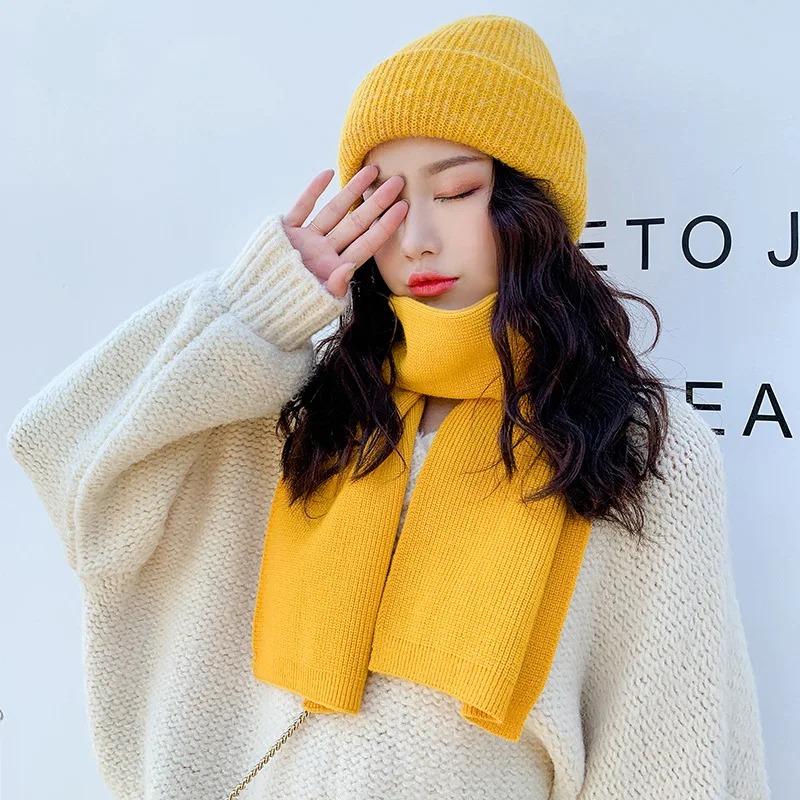 yellow set Утолщенная Лыжная шапка для девочек, новая модная зимняя женская шапочка, женские шапки Skullies, теплый шарф, вязаная шапка, комплект - Цвет: yellow set