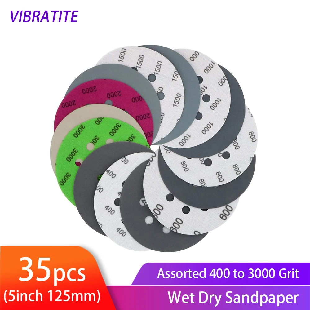 

VIBRATITE 5 Inch 8 Holes Sanding Discs Hook&Loop Wet Dry Sandpaper Assorted 400-3000 Grit for Wood Metal Plastic Polishing 35pcs