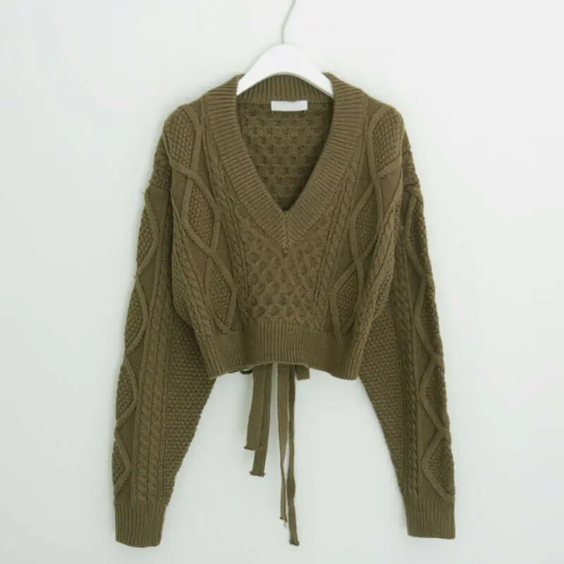 

ZN Spring Autumn Women Sweater Back Bow Lace Up Sexy Hollow Out V-Neck Pullover Long Sleeve Retro Twist Knitting Sweater