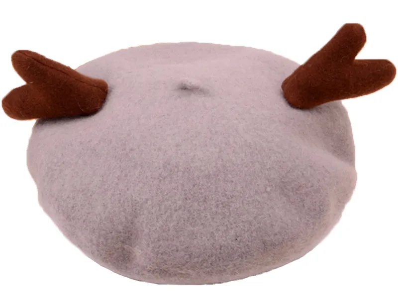 JOYHY Cute Kids Girl Boys Reindeer Horn Cartoon Wool Artist French Style Berets Cap Hats 2021 Children Christmas Baret Flat Hat
