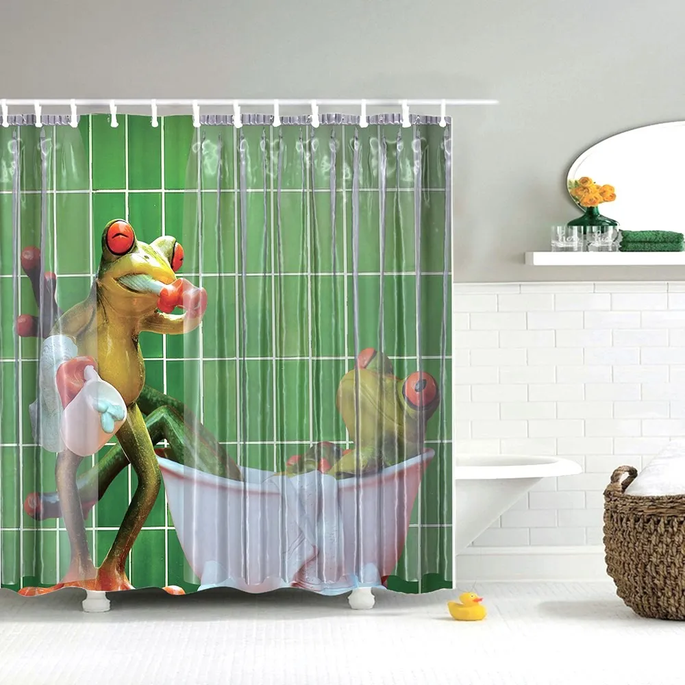 Dafield Shower Curtain Frog Funny Animal Green Cute With Lotus Cartoon Buttefly On The Branch Of Tree | Дом и сад