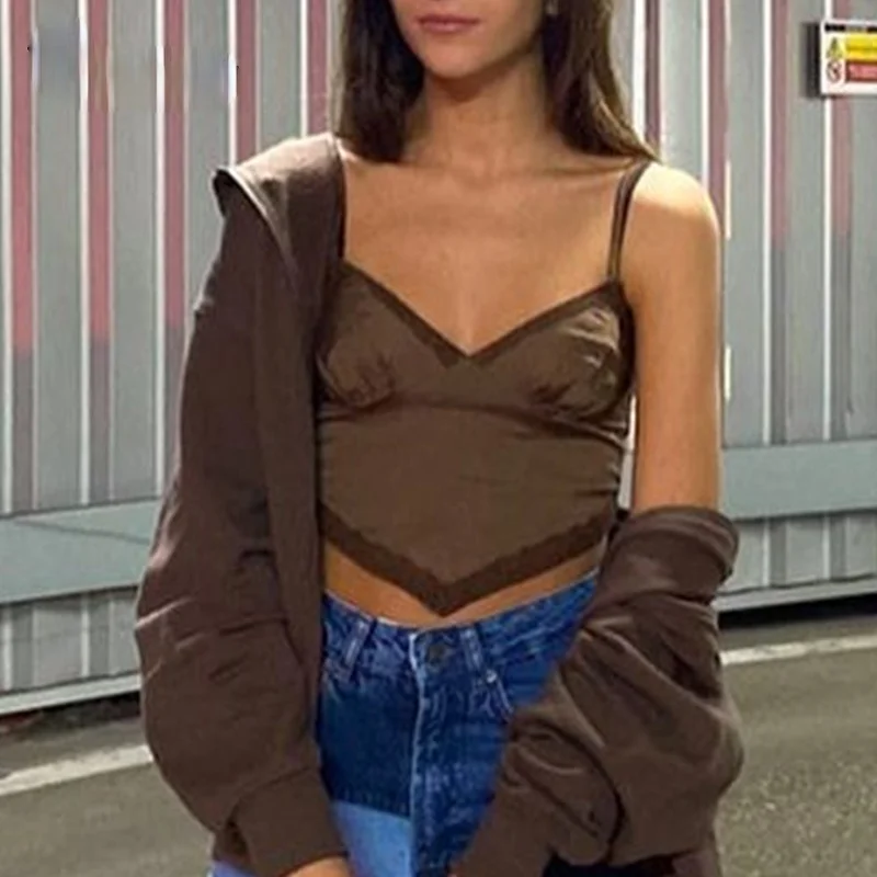 

Brown Lace Crop Top V Neck Tank Top Y2K Harajuku Camis Spaghetti Strape Tee Tops Women Party Top New Trendy Streetwear