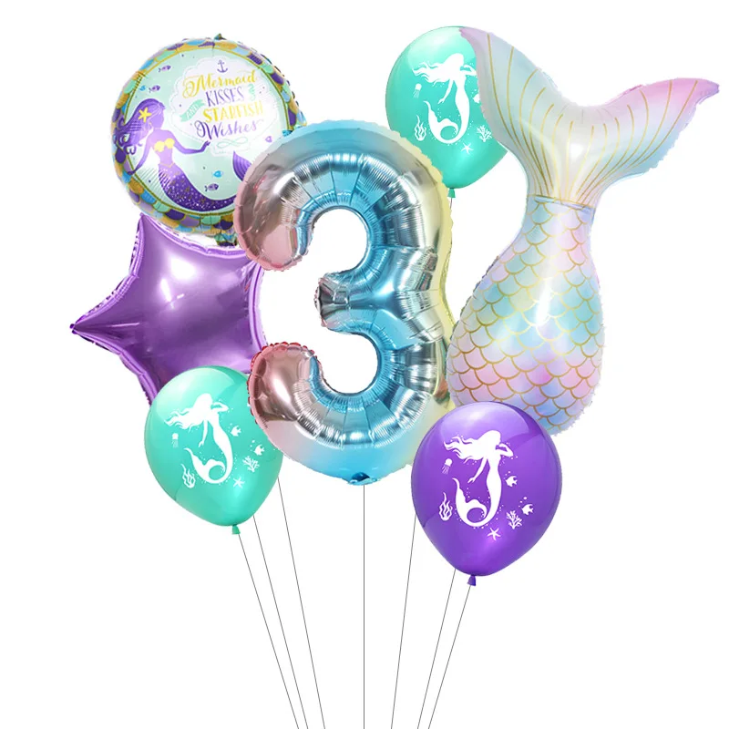 

7pcs/lot Mermaid Aluminum Film Balloon Set Number Balloons Birthday Party Decoration for Girls Baby Shower Party Decor Supplies