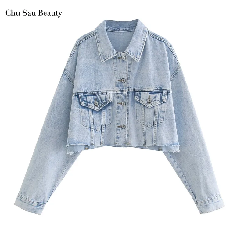 

Chu Sau Beauty Za 2021 Fall Draped Shoulder Loose Short Denim Jacket Retro Lapel Pocket Single-Breasted Denim Jacket Cool Jacket