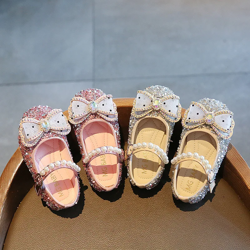 

Fashion Beading mary janes Butterfly-knot Toddler Shoes Girl Soft Bottom Low Heel Sliver Shoes Girls Rhinestone Kid Shoes E01202