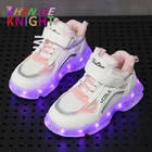 Теплые износостойкие светящиеся кроссовки для мальчиков и девочек, повседневные Нескользящие сникерсы с липучкой, детсветильник кой, Размеры 26-36