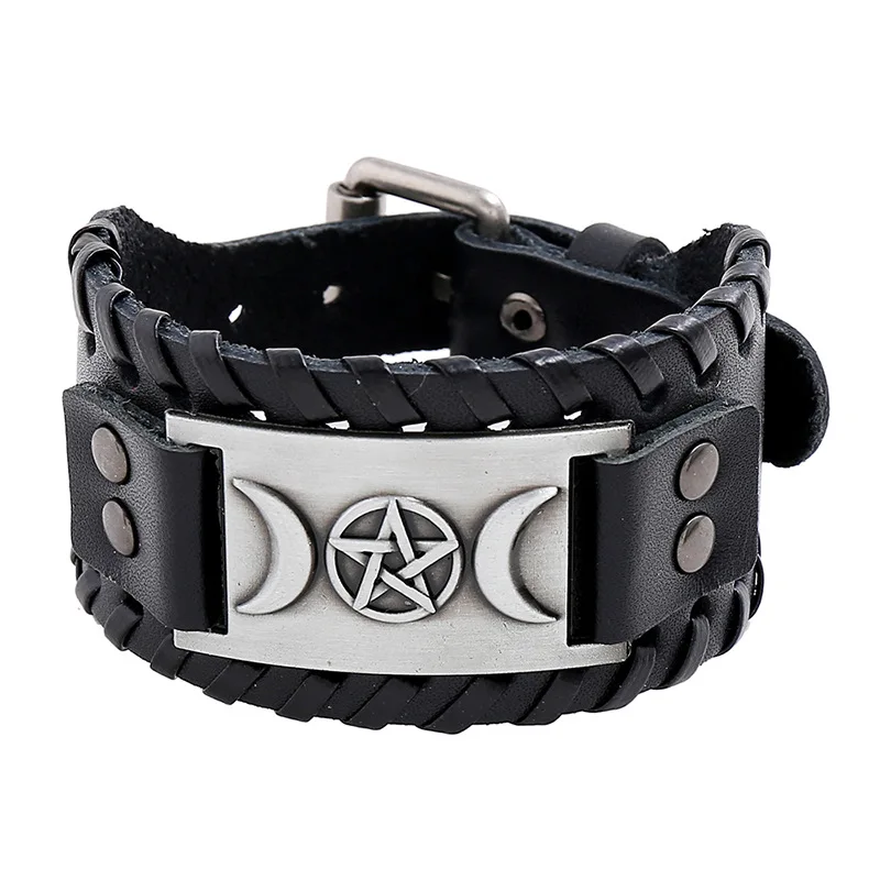 

2021 Retro Viking Totem Pirate Leather Bracelet Vintage Nordic Amulet Triple Moon Star Charm Bracelet Wicca Jewelry Accessories