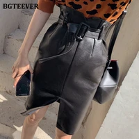 bgteever fashion chic high waist belted women pu leather midi skirts autumn winter split female faux leather package hip skirts