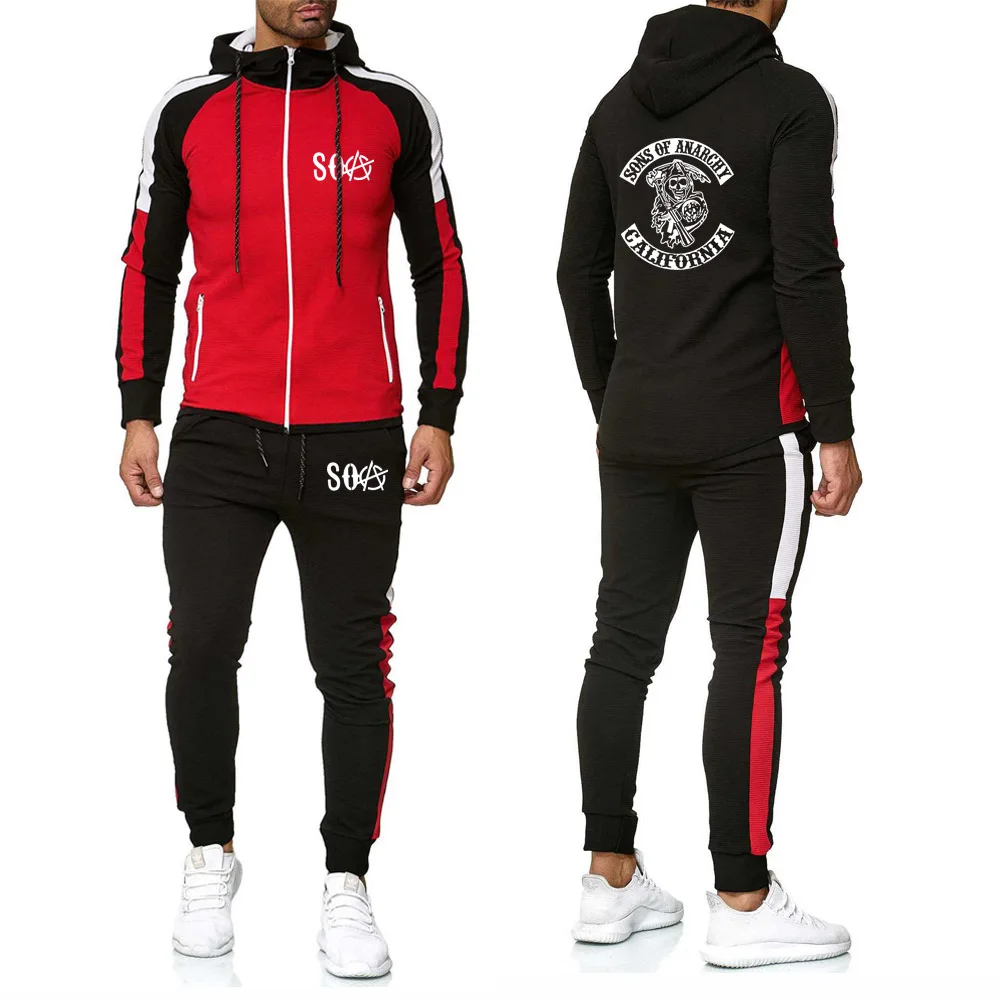 

SOA Sons of anarchy the child Skull Printed Fashion jacket comfortable Sweatshirt Men Splice Long sleeve+Pants 2Pcs Sporting
