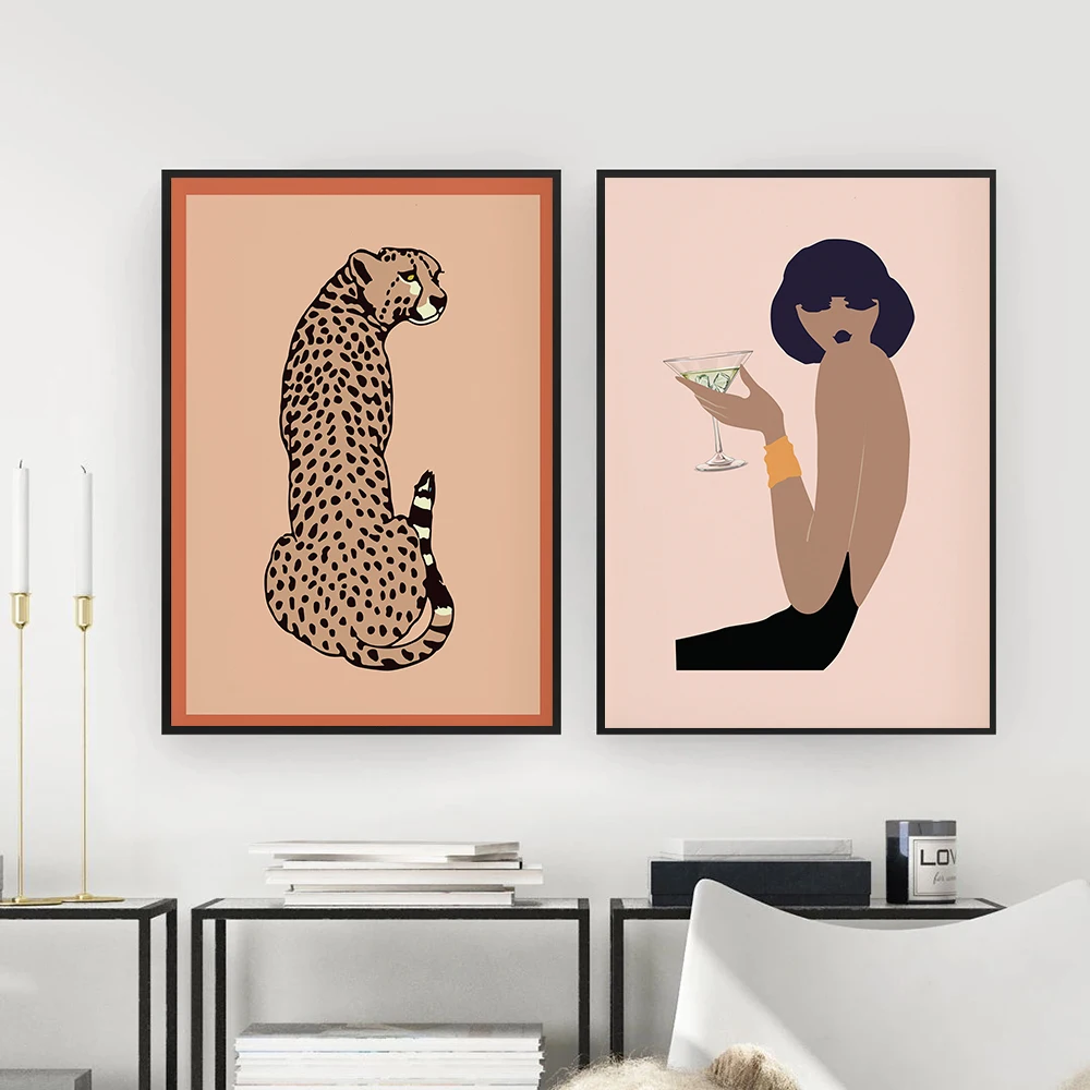 

Boho Woman Cheetah Posters and Prints Canvas Painting Home Decor Leopard Animal Wall Art Picture for Living Room Nordic Style