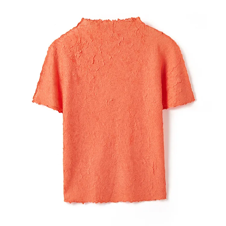 

Women Tops Summer 2020 NEW Half Turtleneck Short Sleeved Stretch Miyake Pleated Solid Colour Slim Young Women Thin Short T-Shirt