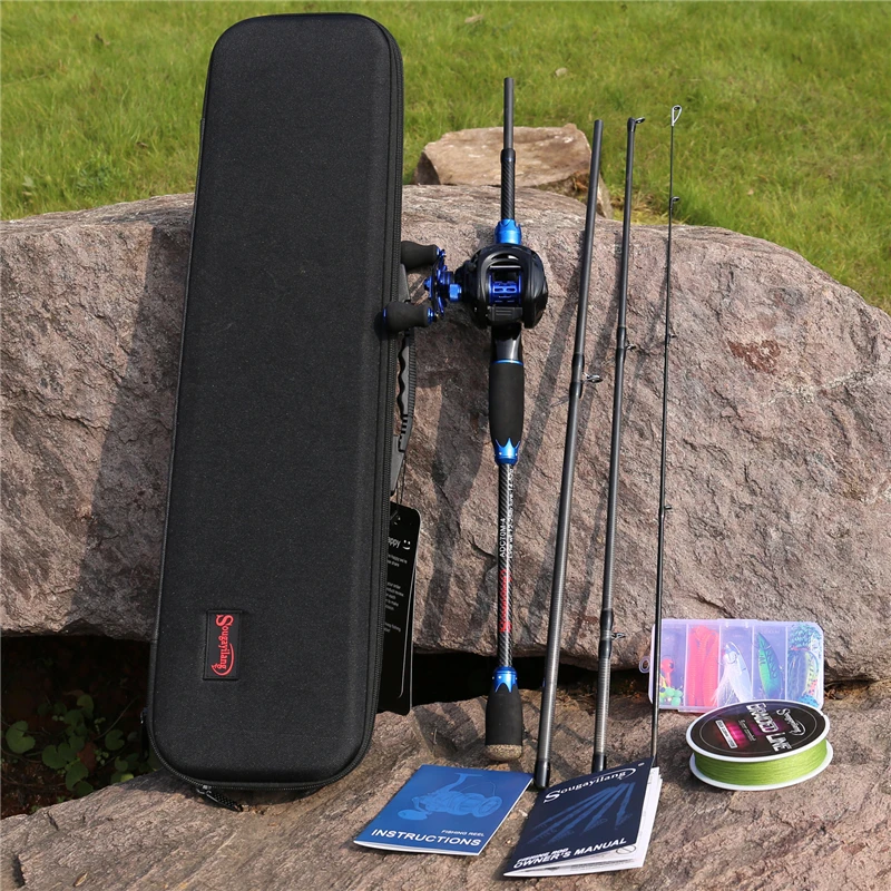 

Sougayilang Portable Fishing Tackle Rod Bag Combo 4 Section Carbon Fiber Baitcasting Rod 10BB Reel Fishing Line Lures Hook Combo