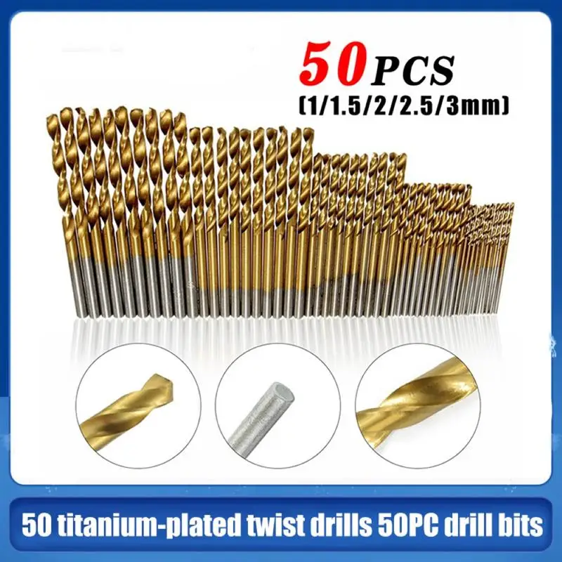 

50pcs Titanium Coated Twist Drill Bits Golden High-speed Steel Drill Bit for DIY Home General Building Engineering Using