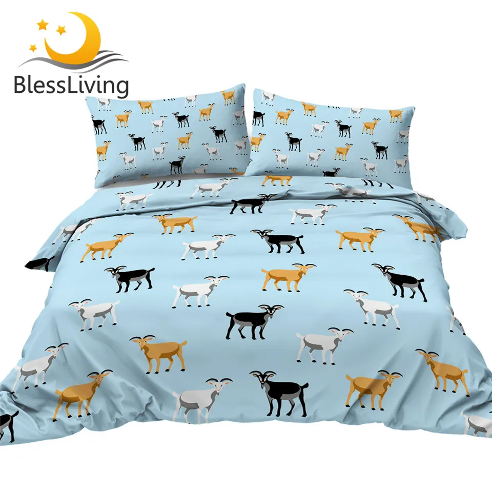 

BlessLiving Goats Bedding Set Blue Duvet Cover Cartoon Comforter Cover With Pillowcases Sheep Animal Bed Linen 3pcs Queen Size