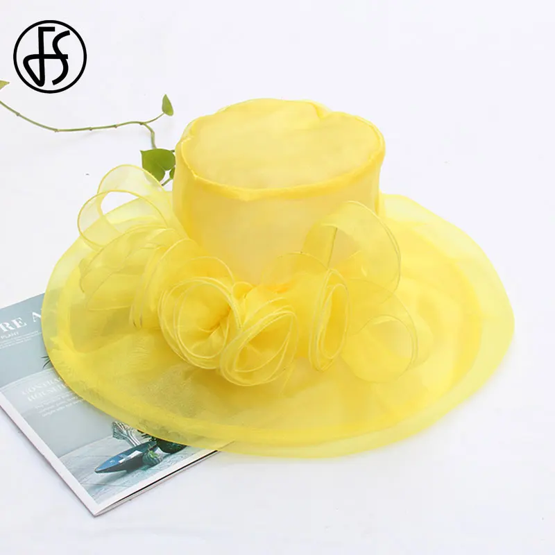 Женская шляпка из органзы FS элегантная фиолетовая с широкими полями и цветами