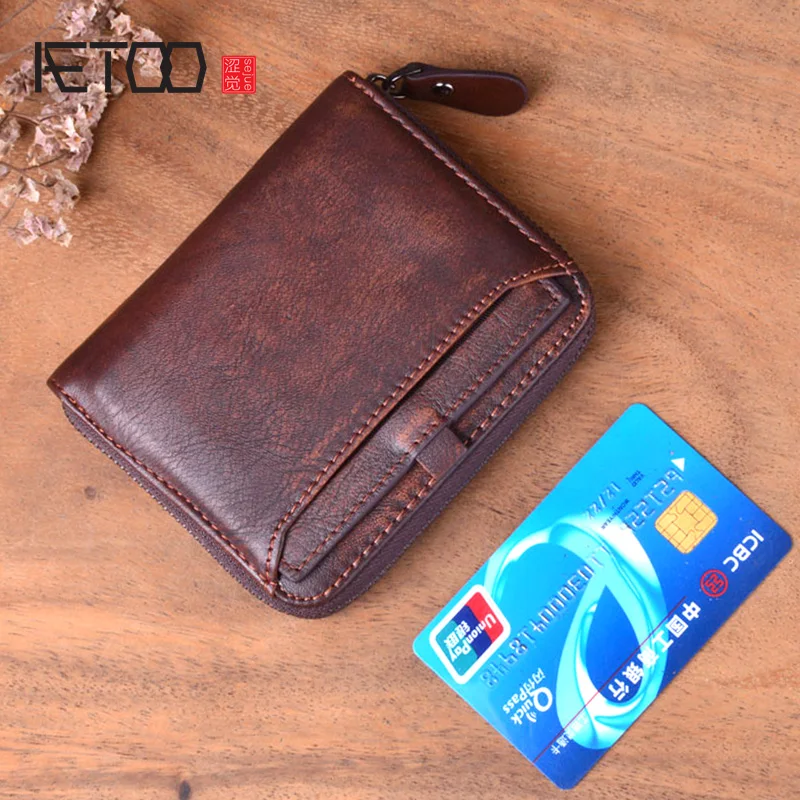 Мужской кожаный кошелек AETOO в стиле ретро бумажник ручной работы на молнии