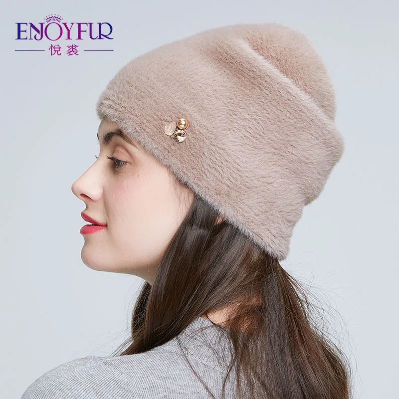 Вязаная Шерстяная Шапка стразы из искусственной норки женская модная дикая