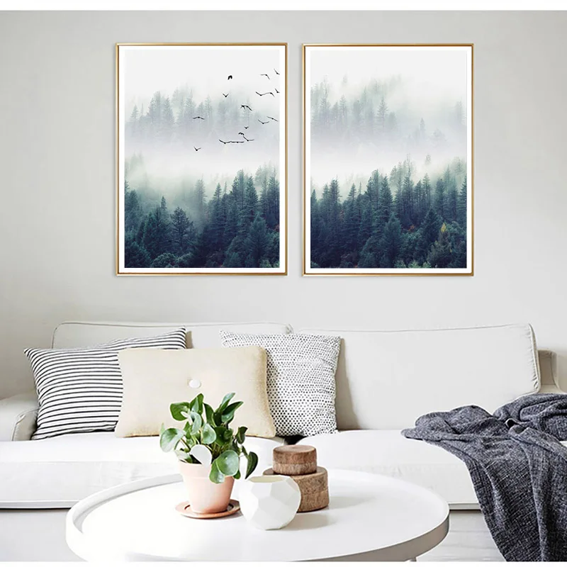 Скандинавское украшение лес пейзаж холст живопись туманная стена