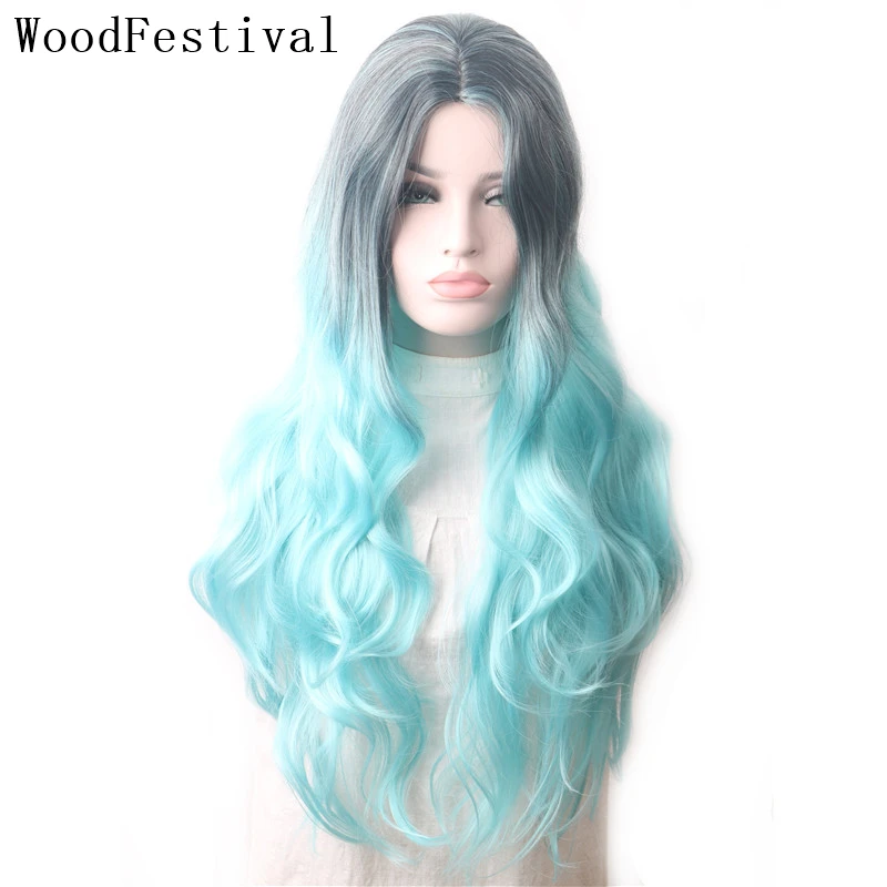 

WoodFestival Wavy Synthetic Wig For Women Long Hair Cosplay Wigs Female Red Purple Pink Brown Black Blue Burgundy Colored Ombre