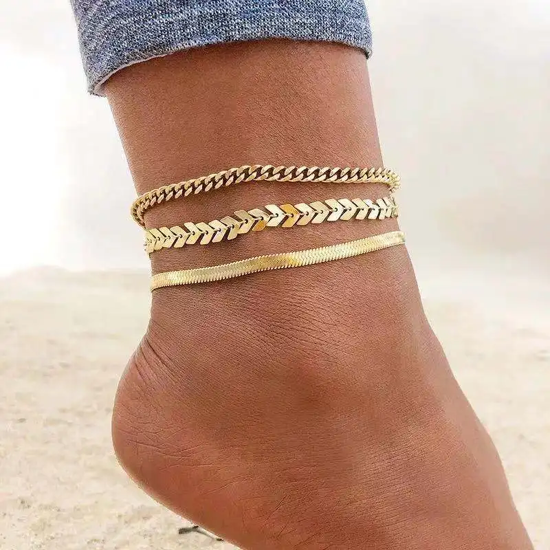 

Pomecia flat Snake Chain Anklet Bracelet women's simple exquisite Anklet women's summer beach metal chain foot accessories