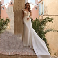 sheer short sleeves lace appliques mermaid wedding dresses chiffon slim fitted bridal gowns natural waistline bride dress 2021