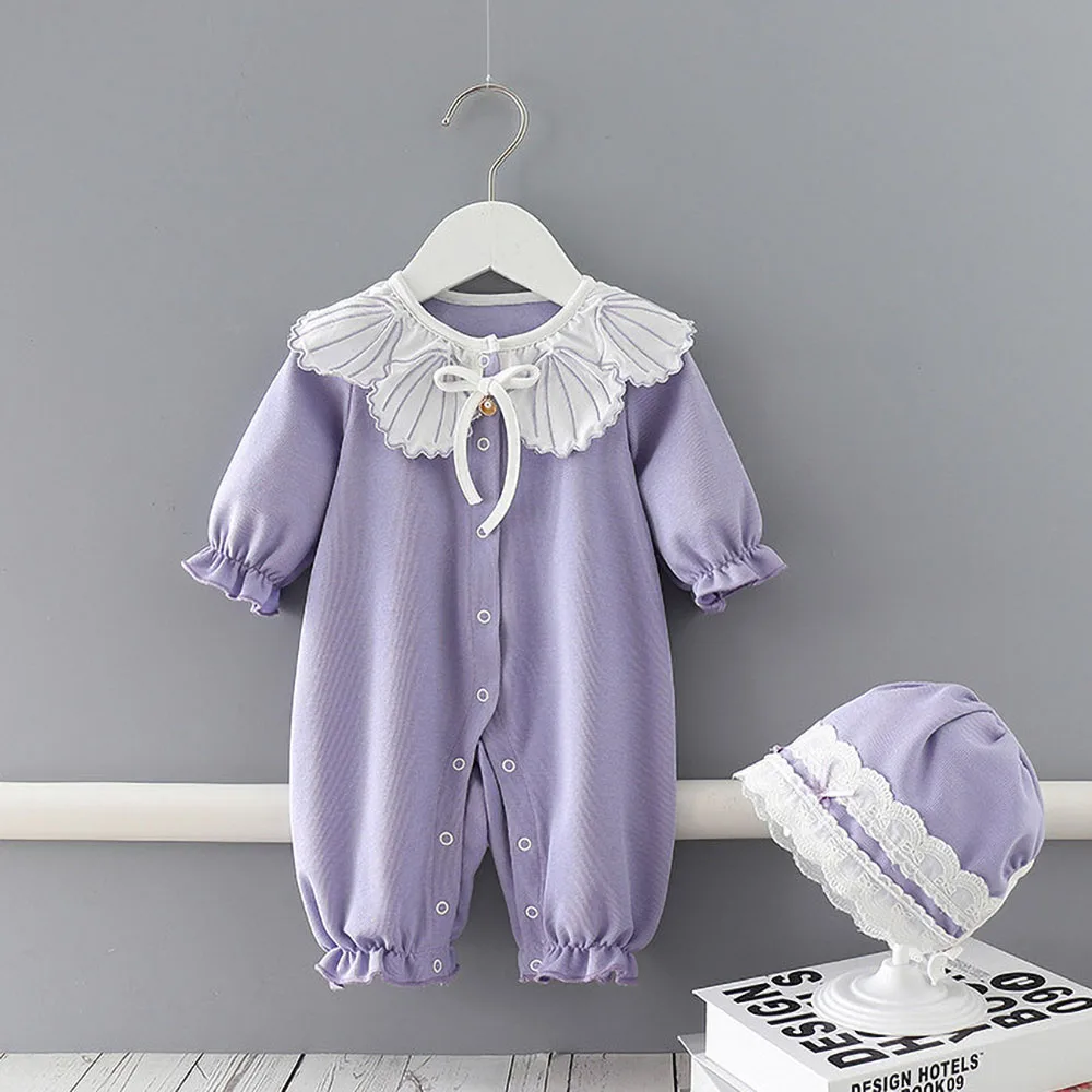 

Newborn Cotton Clothes Baby Spring and Autumn Long-Sleeved Jumpsuit Purple Cute Princess Rompers+Hat 0-2 Years Old