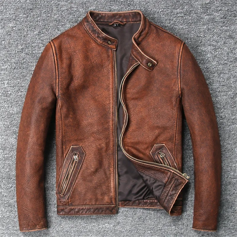 Куртка мужская из натуральной коровьей кожи модная короткая приталенная