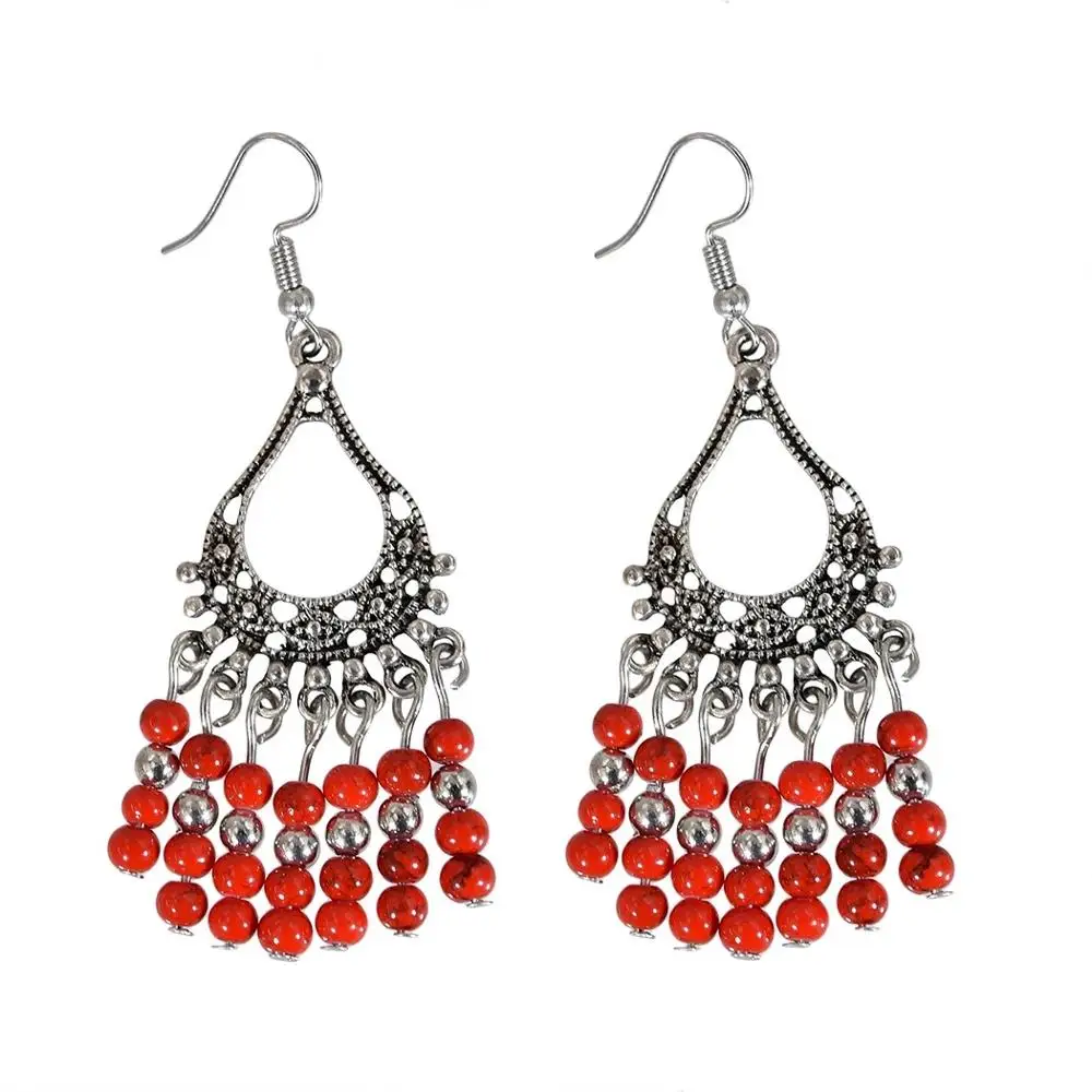 Богемные Винтажные серьги с красным камнем и бусинами для женщин эффектные