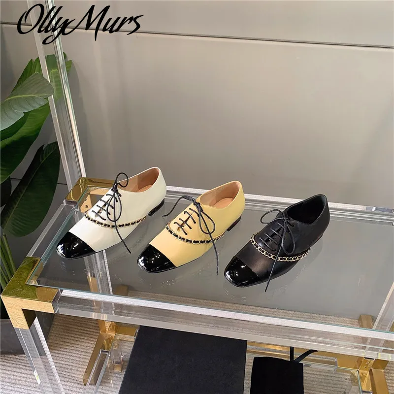 

Ollymurs Metal chain decoration ladies single shoes spring and autumn square toe cross strap flat shoes fashion casual shoes