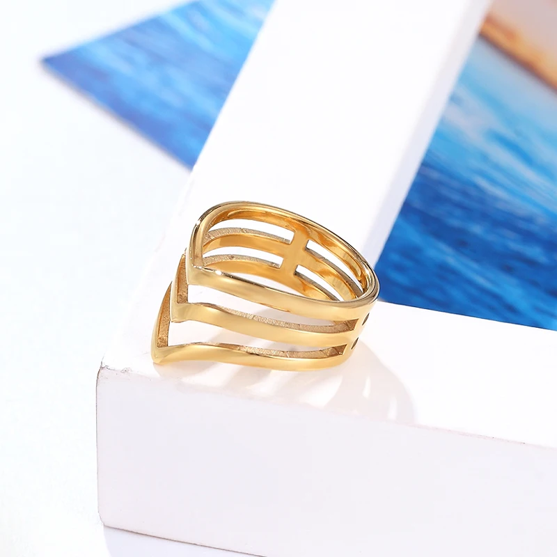 Women's Titanium Steel Gold Color Wholesale Inside and Outside Polished Three V Shape Ring image 3