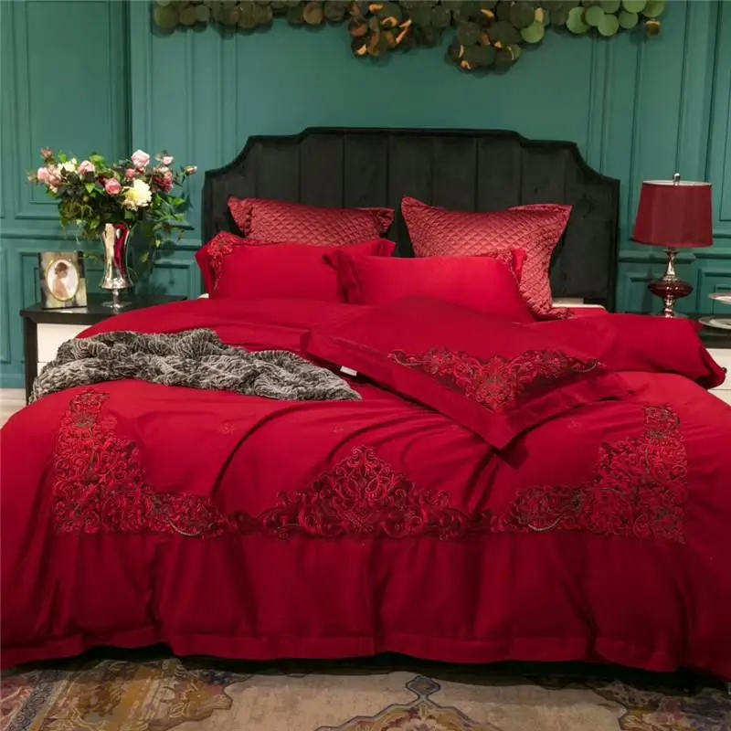 

Red lace egyptian cotton luxury wedding Bedding Set king queen double size bed cover soft Bedsheets Duvet quilt cover set