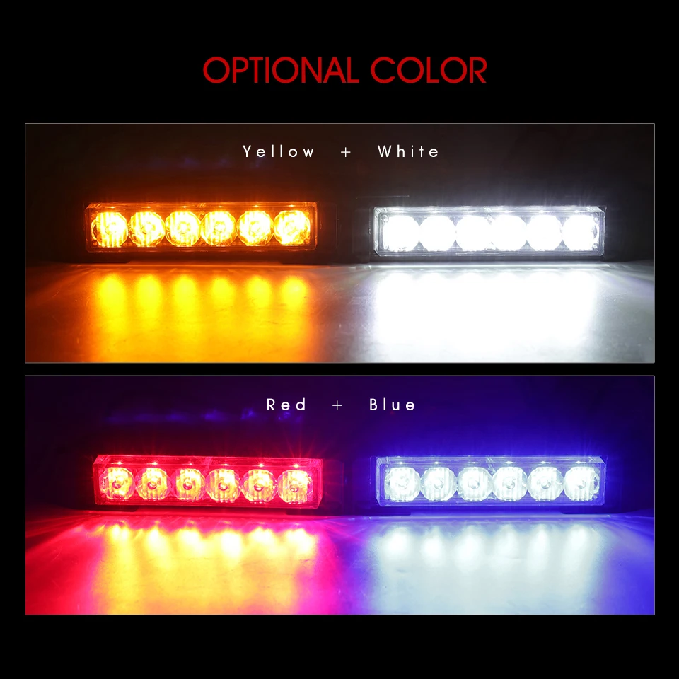 

2 Pcs 6 LEDs Car Strobe Light Auto Warning Hazard Lamp with Switch Truck SUV Police Grille Emergency Flashing Light Red Blue