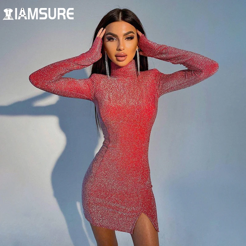 

IAMSURE Clubwear Split Glitter Dresses For Women 2021 Elegant Fashion Sexy Slim Turtleneck Long Sleeve Mini Dress Autumn Winter