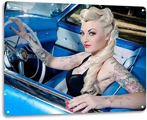 

Sexy Pinup Girl in Car Home Decor Pub Metal Tin Sign 12" X 8"