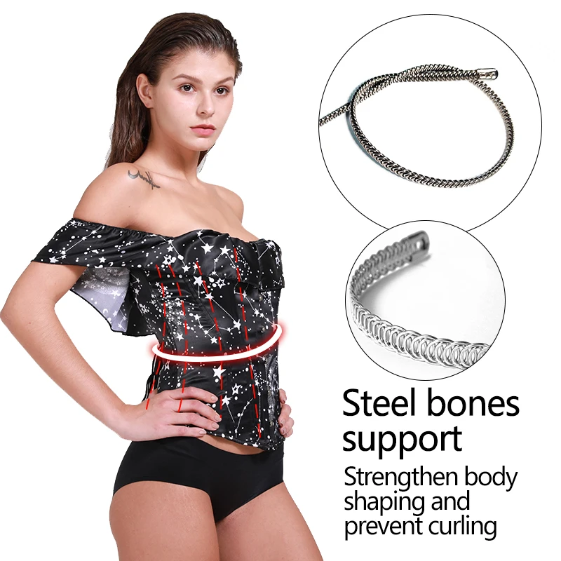 VASLANDA звездное небо Печатный корсет без бретелек стимпанк с открытой спиной и оборками короткий рукав укороченный топ на шнуровке с косточками Бюстье Топ Бурлеск