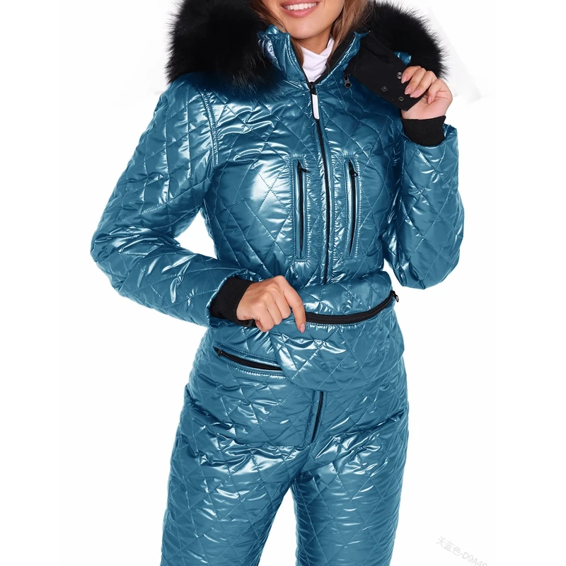 

Lugentolo Ski Suit Women Winter Parkas Fur Hooded Color Long Sleeves Zipper Slim Fit Puffer Jacket Women