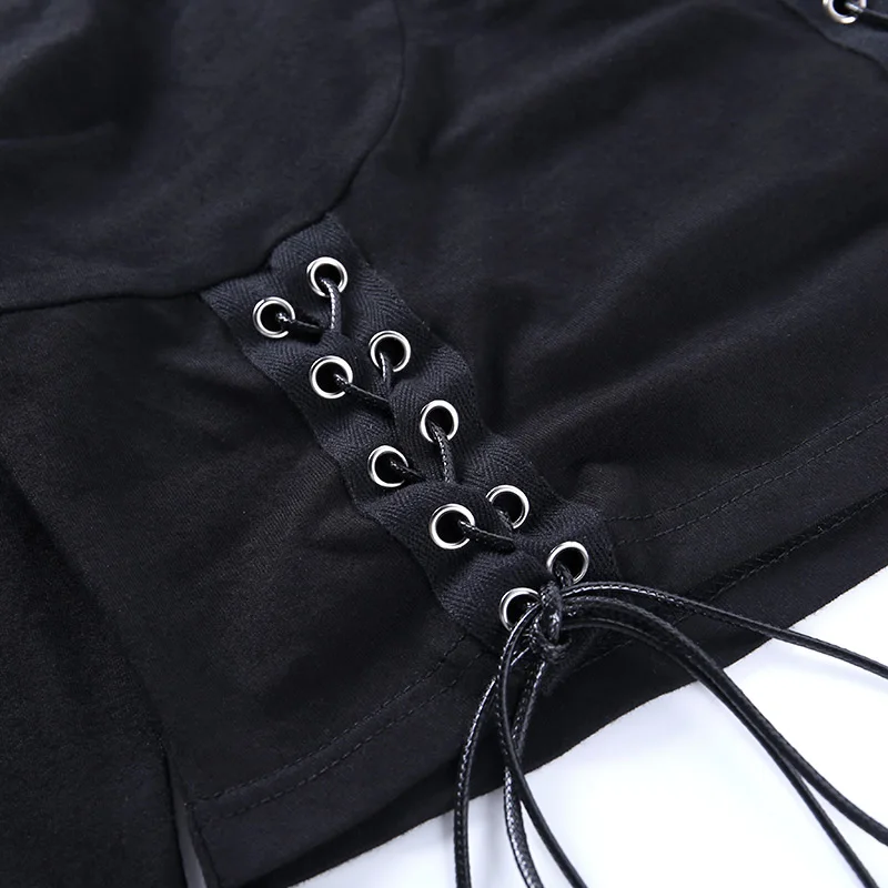 

Women Hollow out pentagram t shirt tops bandage side drawstring slim long sleeve casual clothing black T shirt