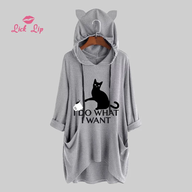 

Lick Lip 3XL 4XL 5XL Plus size Hooded Nightie Cat Print Long Sleeves Nightgown Cute Sleepwear Loose Homewear Pyjamas SWA10116-3