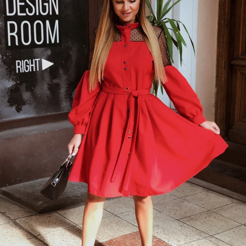 

Women Sexy Lace Patchwork A Line Party Dress Ladies Long Puff Sleeve Stand Collar Elegant Dress 2020 Fashion Women Midi Dresses