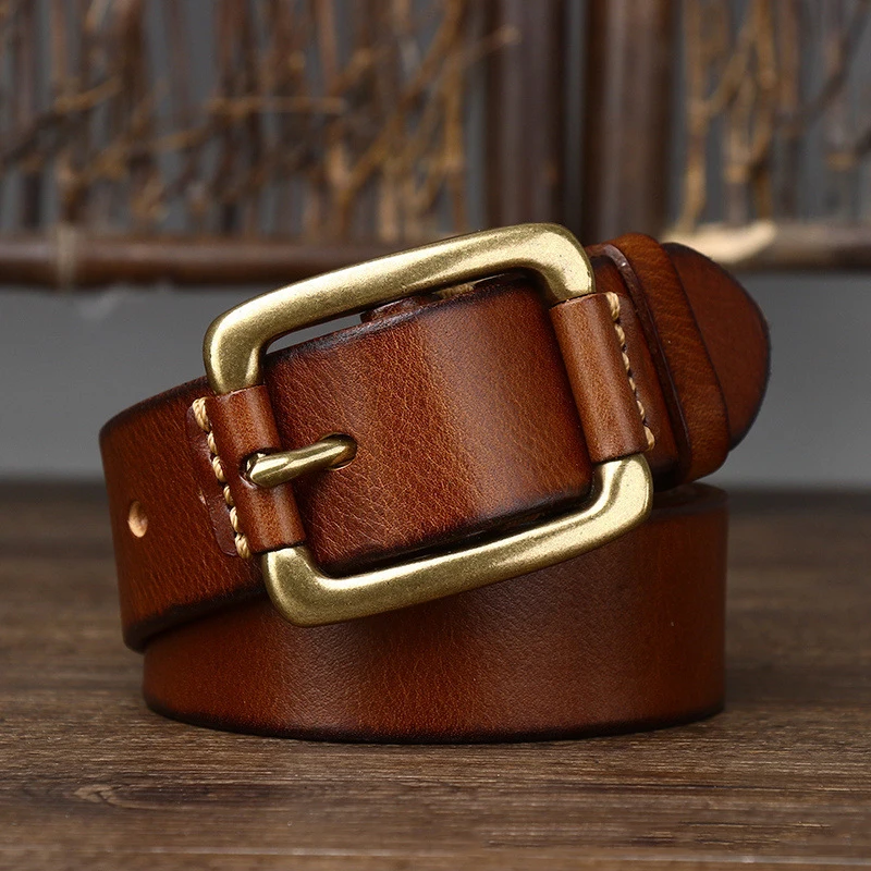 Vintage Leather Belts Brass Buckles Men Belt Ceinture Homme Retro Mens Cowskin Belts Pin Buckle