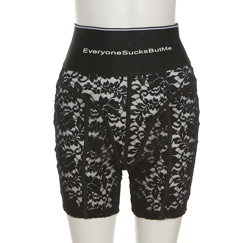 

Skennyee 2021 Summer Women Short Letter New Sexy Lace Stitching Patchwork Printing Fashion High Waist Casual Shorts