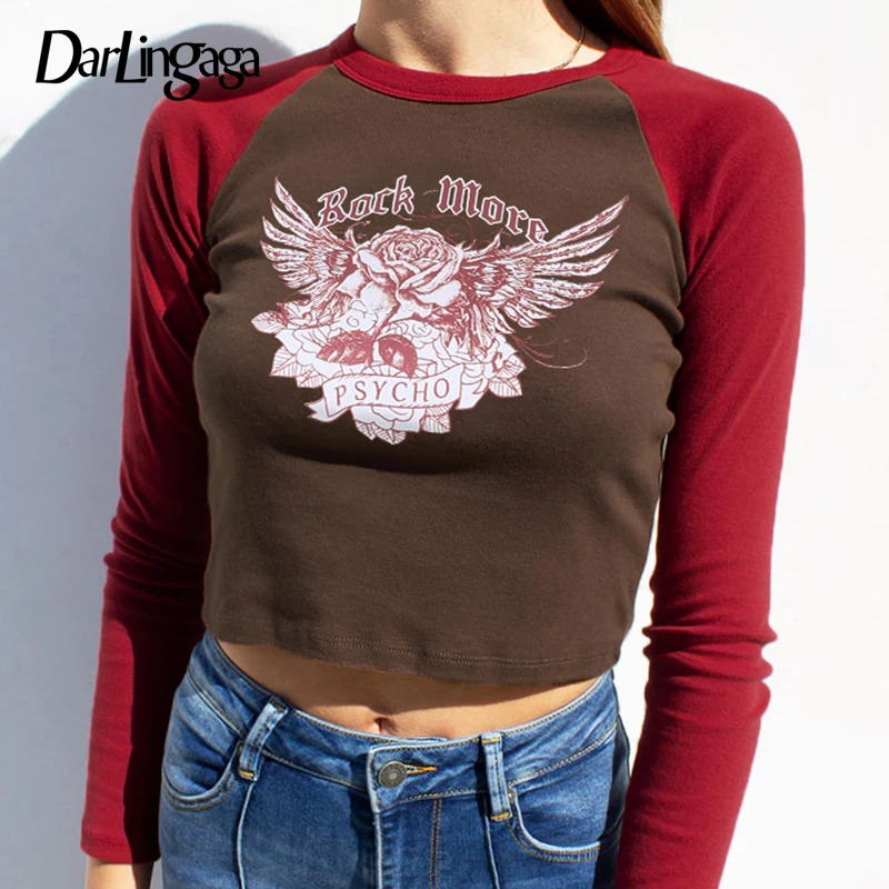 

Darlingaga Streetwear Print Patchwork Long Sleeve T-shirts Women Harajuku Retro Bodycon Crop Tops Spring Graphic Baby Tee Kawaii