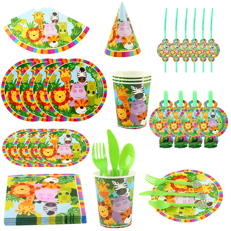 

New Lion King Tiger Zoo Birthday Party Supplies Disposable Tableware Paper Plate Knife Fork Spoon Kids Birthday Party Decoration