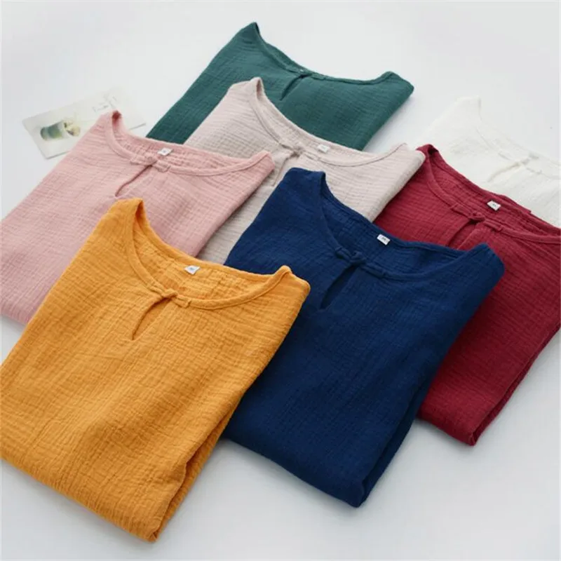 Женская льняная блузка с коротким рукавом однотонная винтажная в китайском