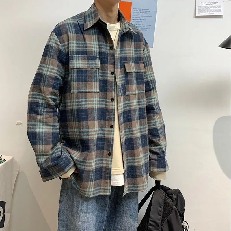 

Spring New Korean Clothes Plaid Shirt for Men Vintage Long Sleeved Loose Casual Handsome Harajuku Mens Fashion Clothing Trends