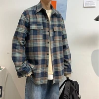spring new korean clothes plaid shirt for men vintage long sleeved loose casual handsome harajuku mens fashion clothing trends