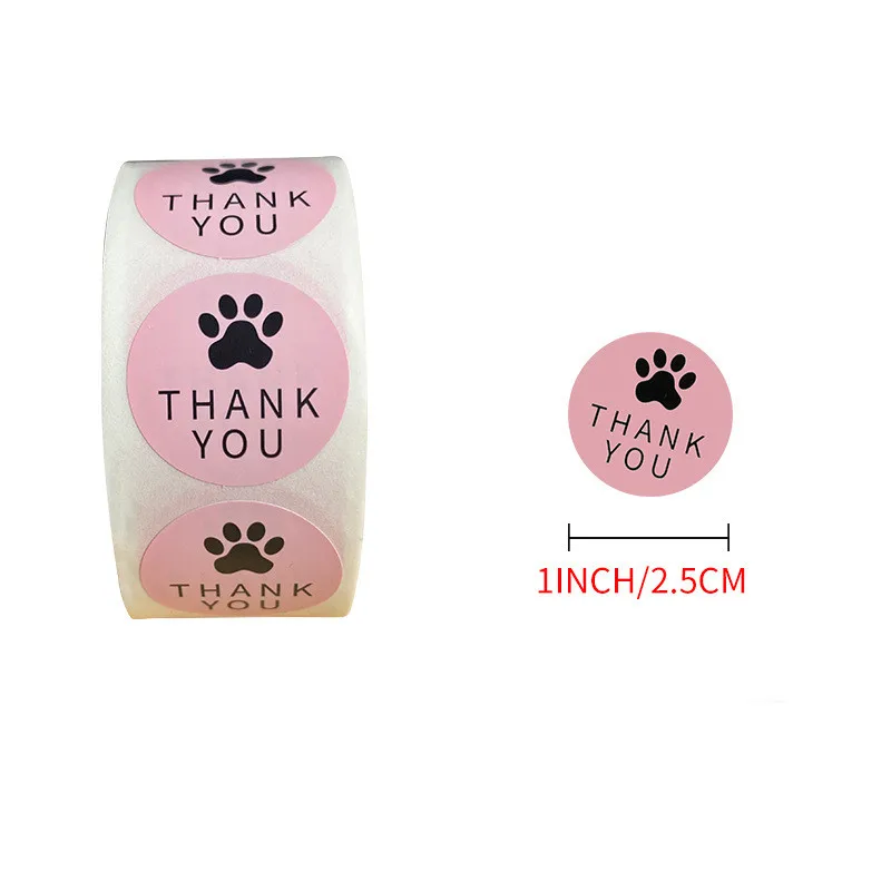 

500pcs /Roll Cute Pink Kraft Paper Thank You Stickers Seal Labes Dog Paw Print 1Inch Bakery Gift Packaging Stationery Sticker