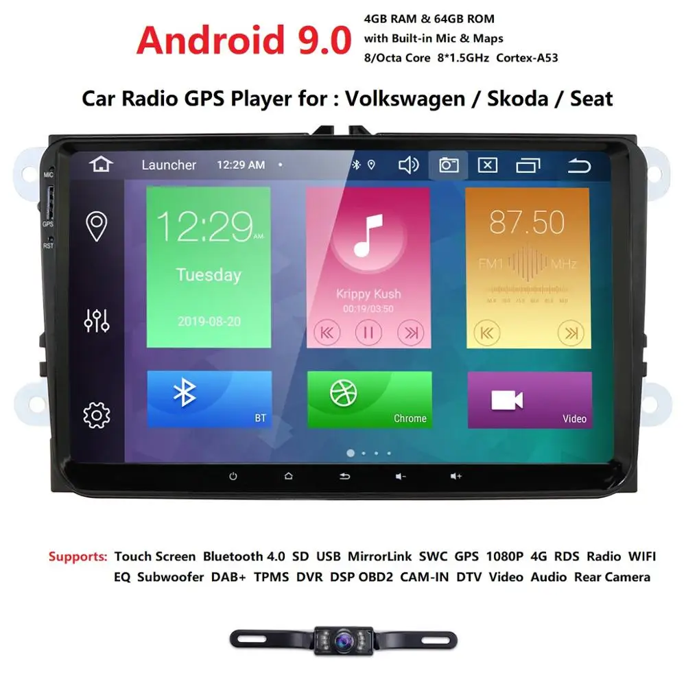 Android 9,0 8-ядерный 9 дюймов 2 din 4G+ 64G gps Автомобильный Радио плеер forvw passat golf 4 5 tiguan polo skoda fabia CC JettaDAB wifi