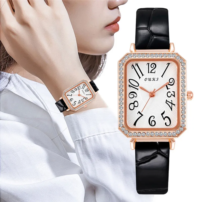 Часы женские кварцевые прямоугольные с арабскими цифрами и кожаным ремешком |