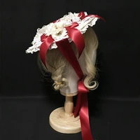handmade flat top retro lolita straw hat elegant party mori girl flower bandge bowknot hairband hairpin headdress